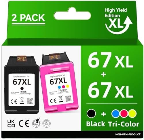 High Yield for HP 67/67XL HP67 Ink Cartridges Black/Color Combo Pack Works for
