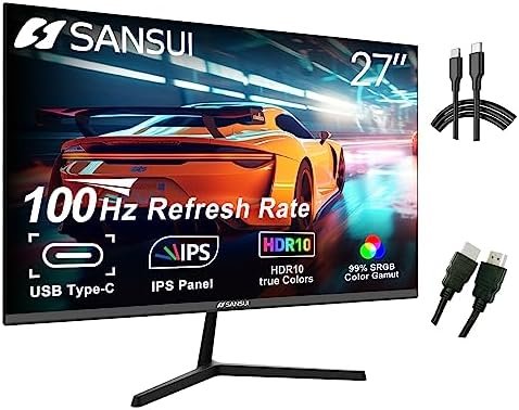 SANSUI Computer Monitors 27 inch 100Hz IPS USB Type-C FHD 1080P HDR10 Built-in